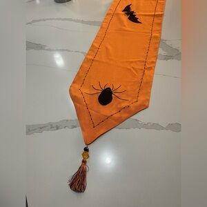 Orange Halloween Table Runner with Spider and Bat